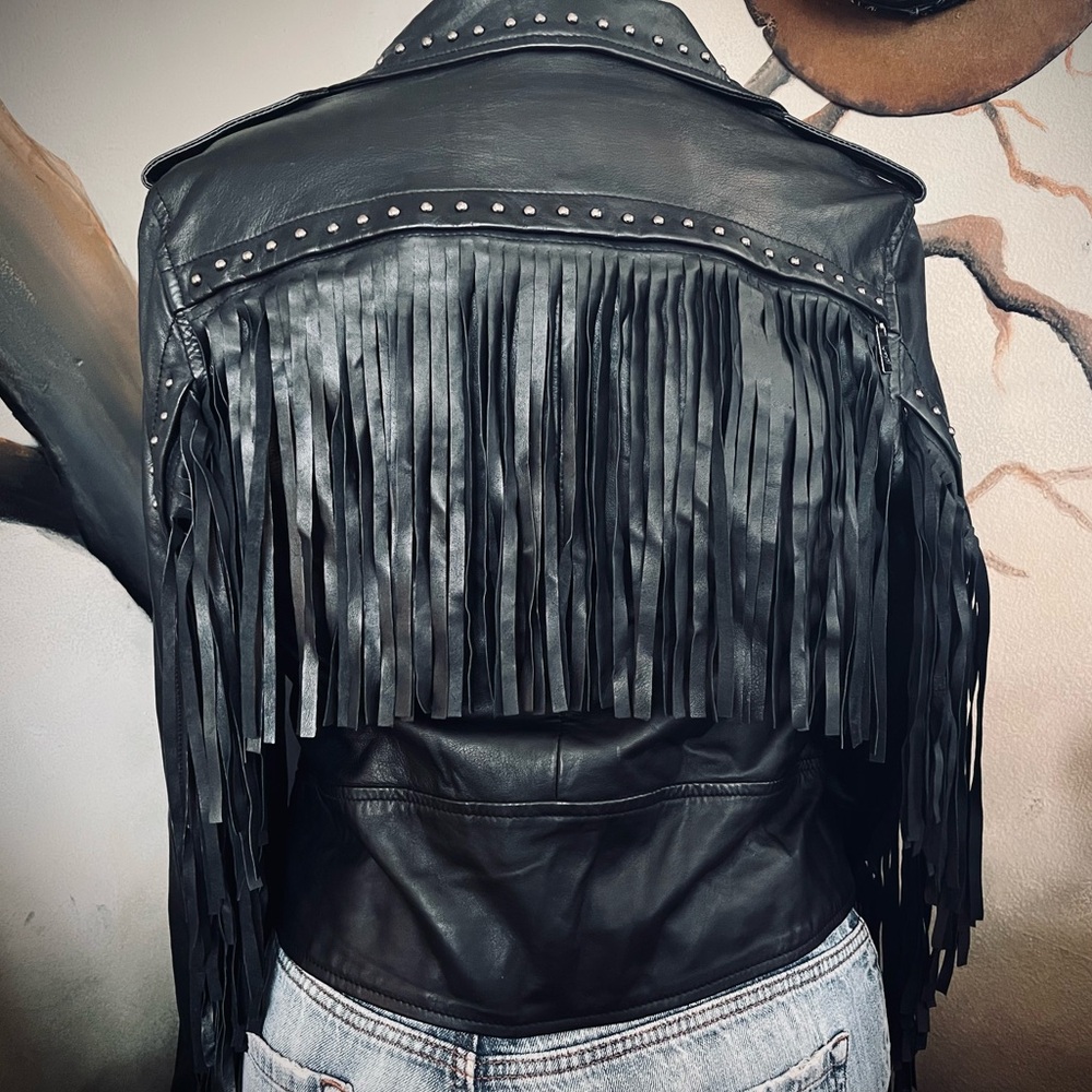 Leather Fringe Studded Motorcycle Jacket with Removable Fringe - Picture 5 of 17